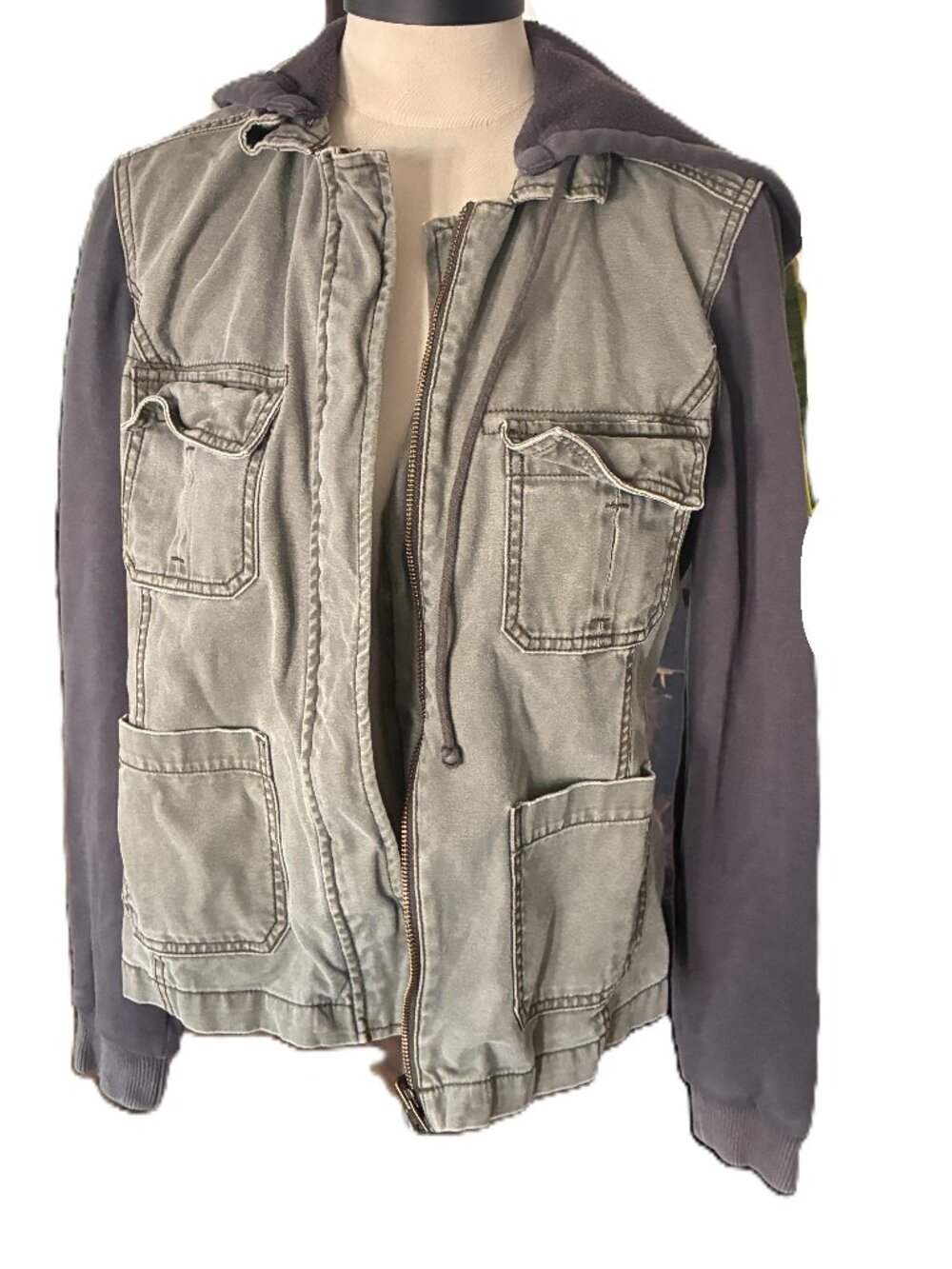 AMERICAN EAGLE Green Canvas/Gray Knit Jacket sz L